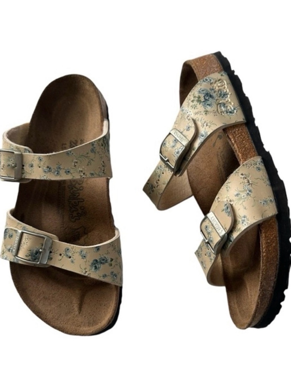 Birki's Michele Footbed Slide Sandals Blue Flowers EU38 US 7